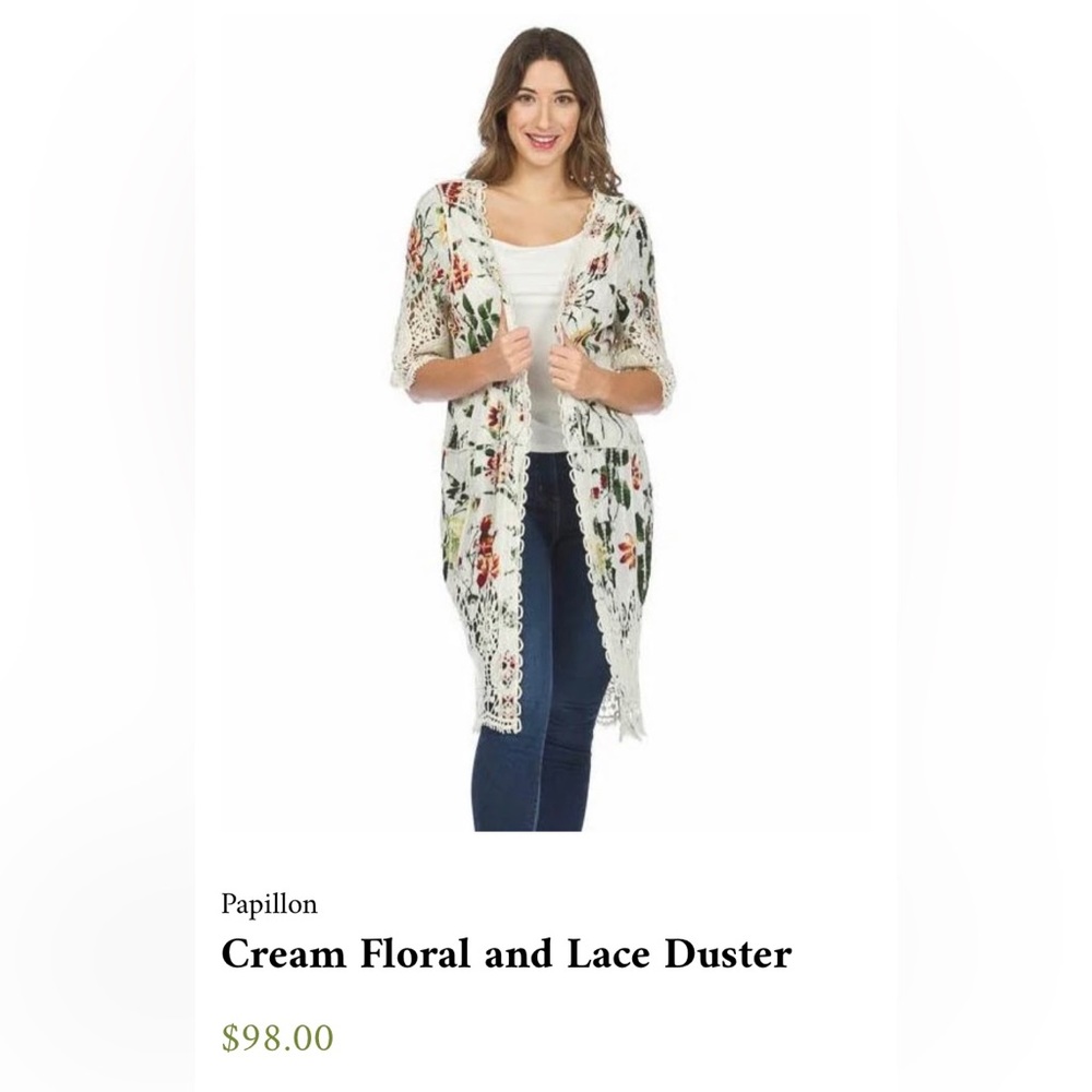 Papillon Cream Floral and Lace Duster Open Front Women’s size S/M